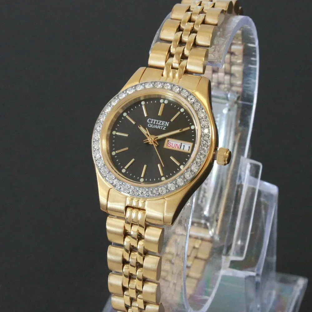 Citizen Ladies Classic Quartz Watch Crystal Bezel Gold Toone Black Dial 26mm - Picture 4 of 13